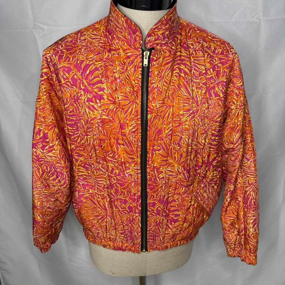 Vintage Lilly Pulitzer Silk Bomber Jacket Zip M Reversible Pink Orange Black
